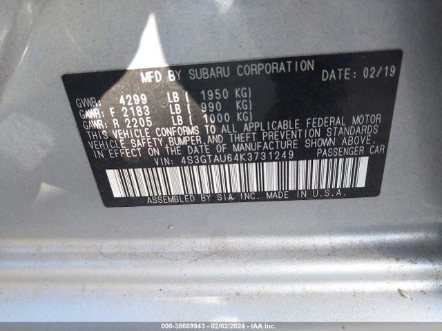 Subaru Impreza 2.0i Limited 2019 4S3GTAU64K3731249 Image 9