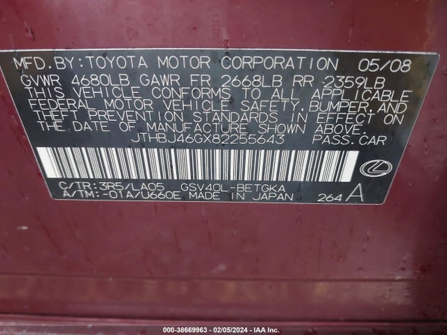2008 LEXUS ES 350 BASE (A6) VIN: JTHBJ46GX82255643