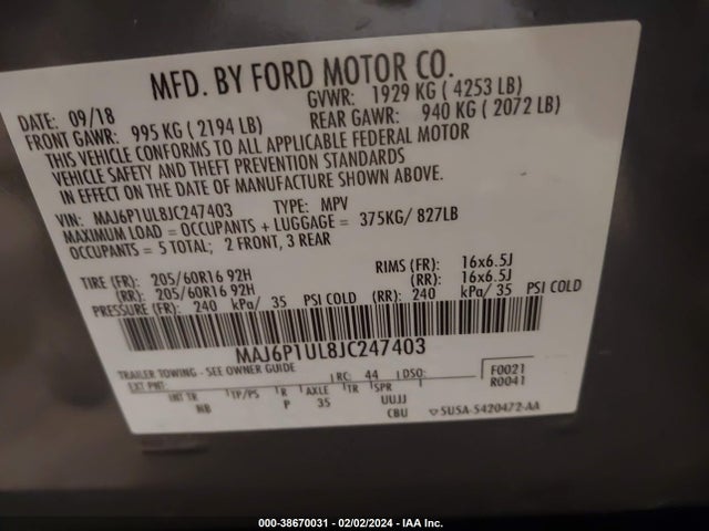 2018 FORD ECOSPORT SE VIN: MAJ6P1UL8JC247403