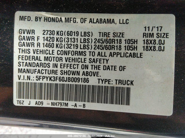 Honda Ridgeline Rtl-t 2018 5FPYK3F60JB009186 Image 9