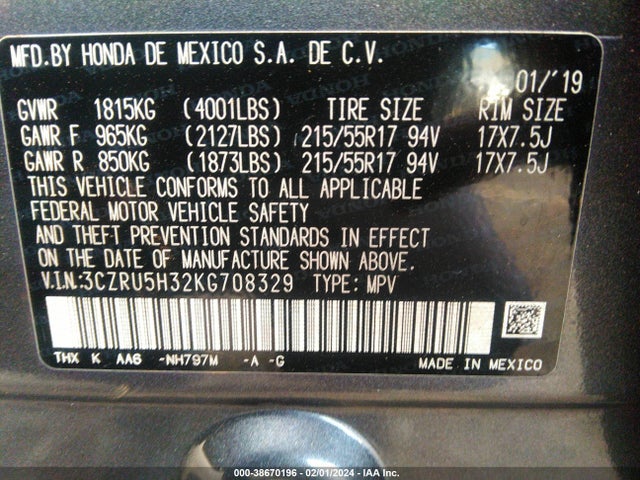 Honda HR-V LX 2019 3CZRU5H32KG708329 Image 9