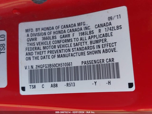2012 HONDA CIVIC LX VIN: 2HGFG3B50CH510561