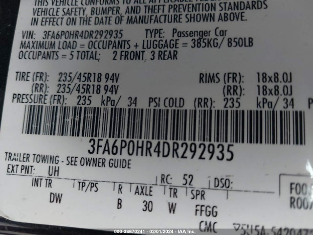 2013 FORD FUSION SE VIN: 3FA6P0HR4DR292935