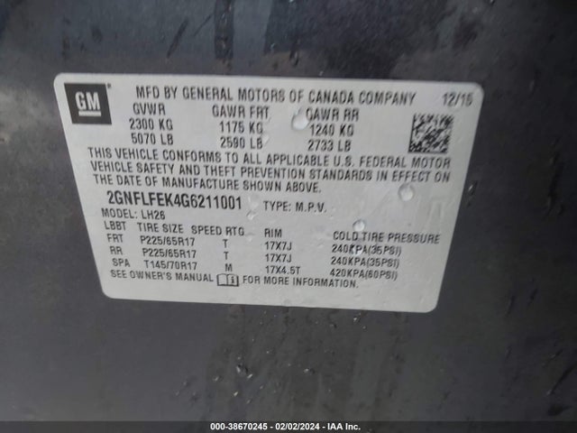 Chevrolet EQUINOX LT 2016 2GNFLFEK4G6211001 Image 9