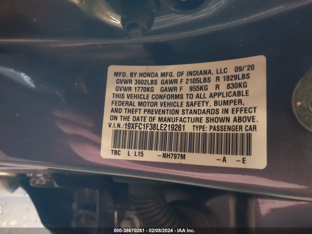 Honda CIVIC EX 2020 19XFC1F38LE219261 Image 9