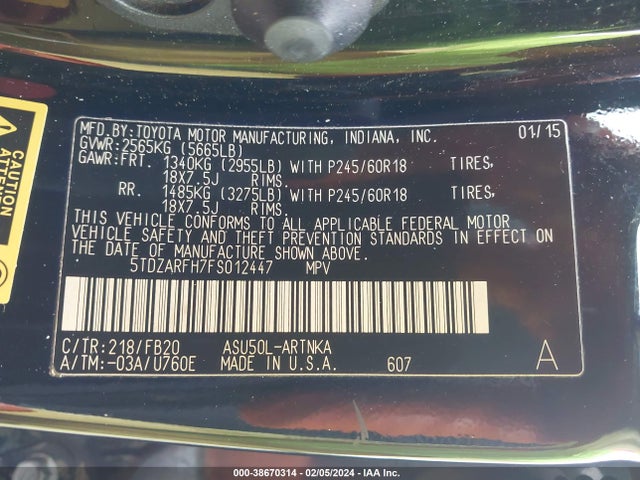Toyota Highlander Le 2015 5TDZARFH7FS012447 Image 9