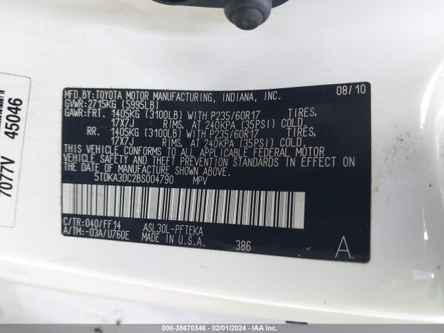 2011 TOYOTA SIENNA VIN: 5TDKA3DC2BS004790