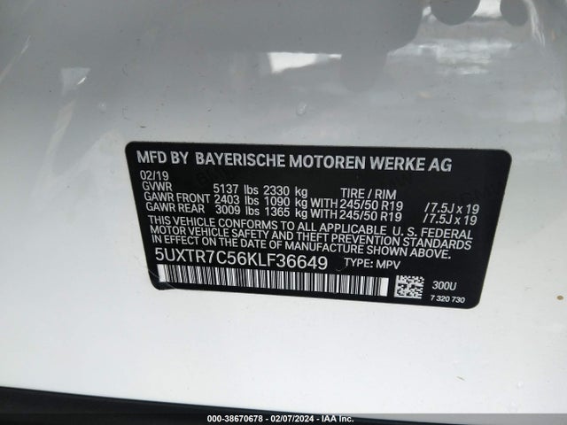 BMW X3 Sdrive30i 2019 5UXTR7C56KLF36649 Image 9