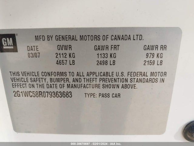 2007 CHEVROLET IMPALA LT VIN: 2G1WC58R079363683