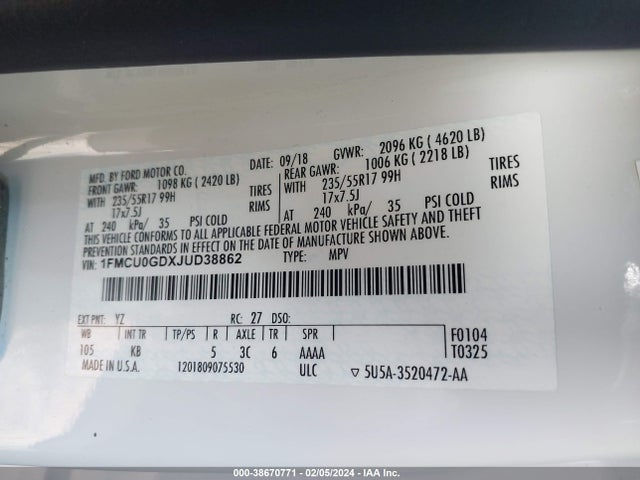 2018 FORD ESCAPE SE VIN: 1FMCU0GDXJUD38862