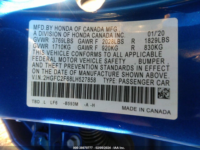 Honda Civic Lx 2020 2HGFC2F68LH527858 Image 9
