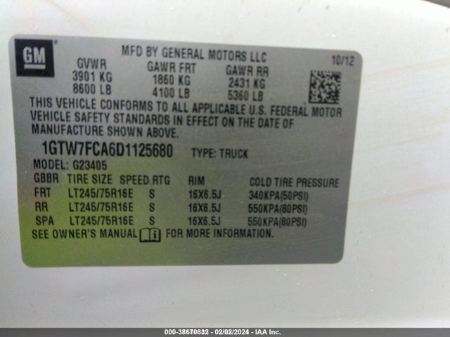 2013 GMC SAVANA 2500 WORK VAN VIN: 1GTW7FCA6D1125680