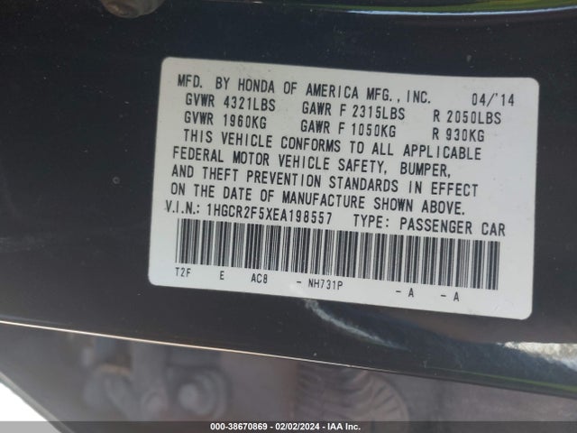 38670869 :رقم المزاد ، 1HGCR2F5XEA198557 vin ، 2014 Honda Accord Sport مزاد بيع