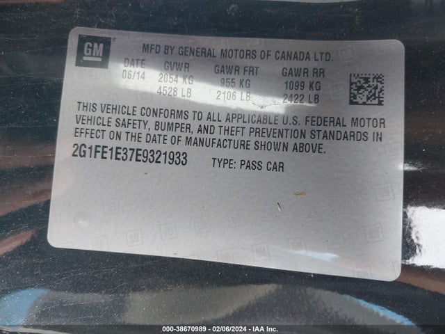 Chevrolet Camaro 1ls 2014 2G1FE1E37E9321933 Image 9