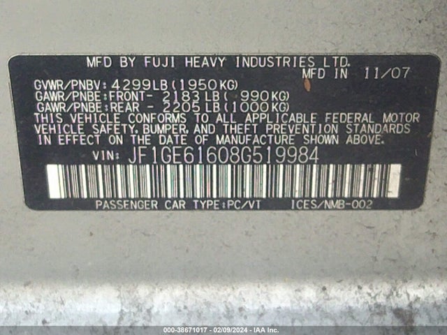 2008 SUBARU IMPREZA 2.5I VIN: JF1GE61608G519984