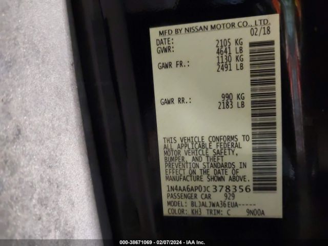 1N4AA6AP0JC378356 Nissan Maxima 3.5 Sv