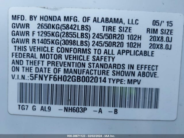 5FNYF6H02GB002014 Honda Pilot Elite