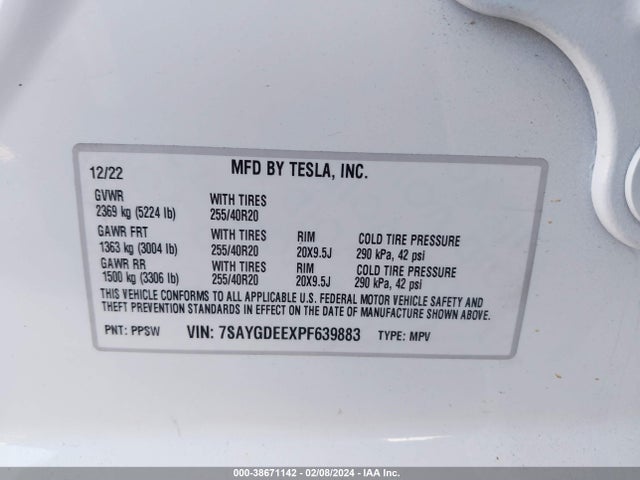 7SAYGDEEXPF639883 Tesla Model Y