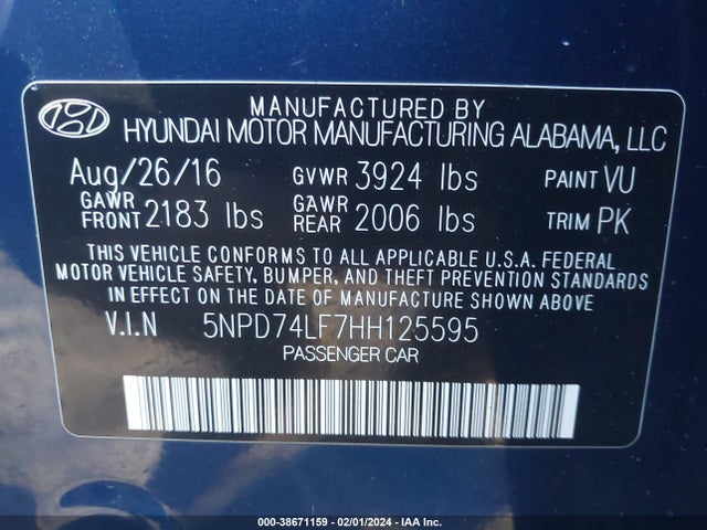 2017 HYUNDAI ELANTRA SE VIN: 5NPD74LF7HH125595