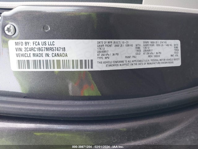 2021 CHRYSLER PACIFICA TOURING L VIN: 2C4RC1BG7MR574718
