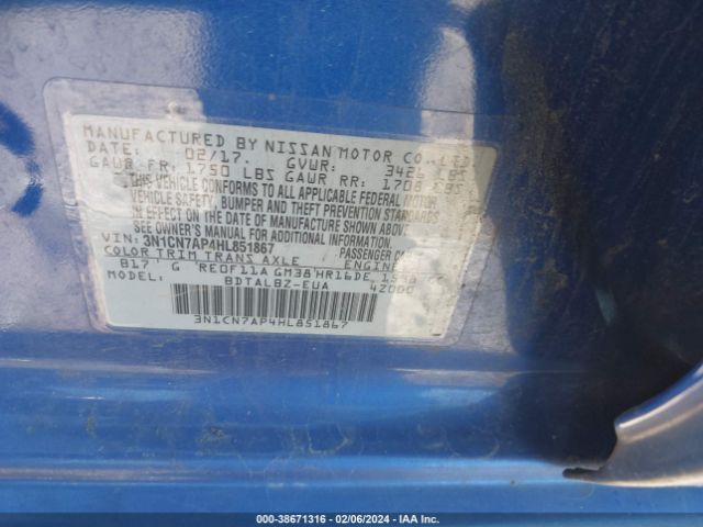 3N1CN7AP4HL851867 Nissan Versa 1.6 Sv