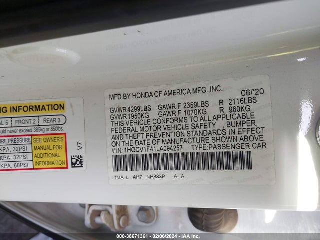 Honda ACCORD EX 2020 1HGCV1F41LA094257 Image 9
