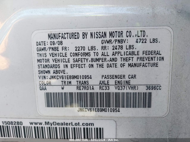 38671590 :رقم المزاد ، JNKCV61E89M010954 vin ، 2009 Infiniti G37 Journey مزاد بيع