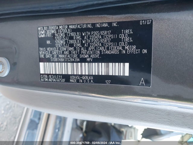 2007 TOYOTA SEQUOIA LIMITED V8 VIN: 5TDBT48A17S284394