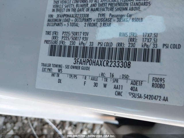 38671786 :رقم المزاد ، 3FAHP0HAXCR233308 vin ، 2012 Ford Fusion Se مزاد بيع