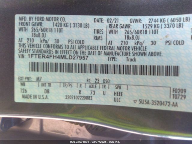 1FTER4FH4MLD27957 Ford Ranger Lariat