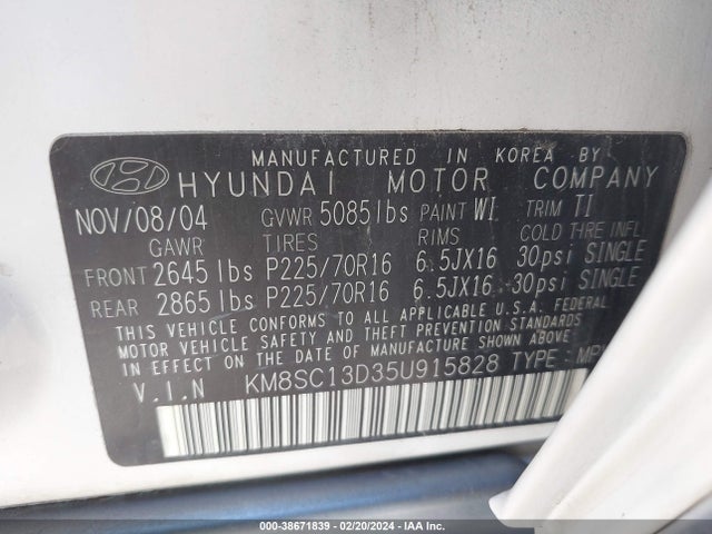 Продаж на аукціоні авто 2005 Hyundai Santa Fe Gls, vin: KM8SC13D35U915828, номер лоту: 38671839