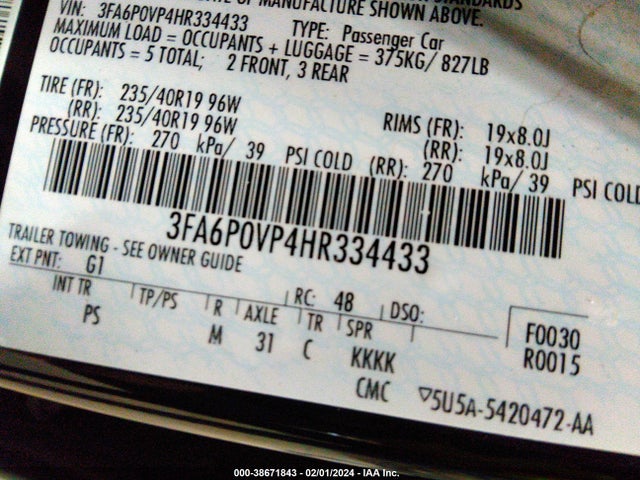 3FA6P0VP4HR334433 Ford Fusion Sport