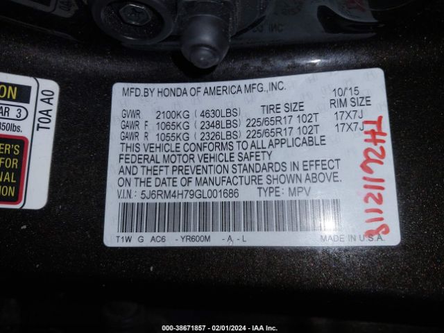 5J6RM4H79GL001686 Honda Cr-v Ex-l