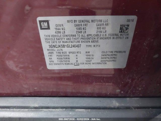 Chevrolet Trax 1ls 2016 3GNCJKSB1GL246497 Image 9