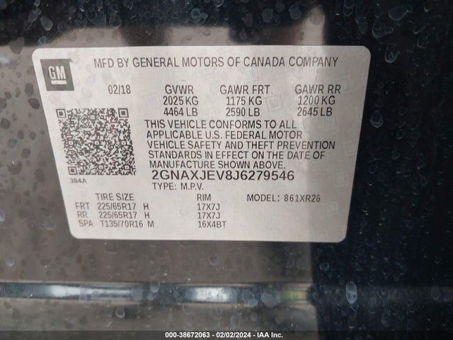 Chevrolet EQUINOX LT 2018 2GNAXJEV8J6279546 Image 9