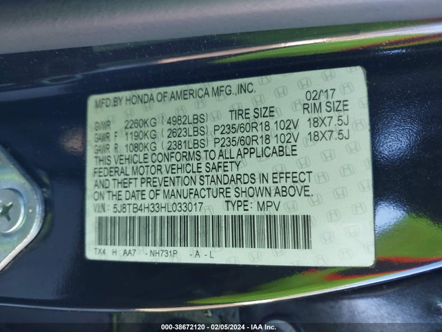5J8TB4H33HL033017 Acura Rdx Base (a6)/w/acurawatch Plus