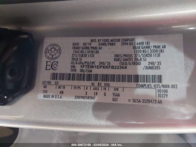 1FTEW1EPXKFB22364 Ford F-150 Lariat