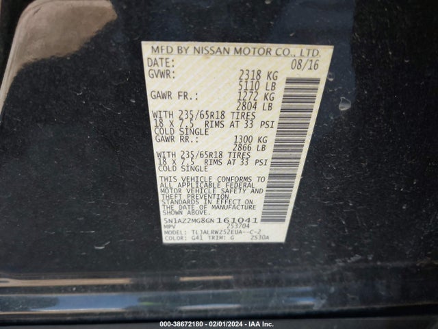 Nissan MURANO SL 2016 5N1AZ2MG8GN161041 Image 9