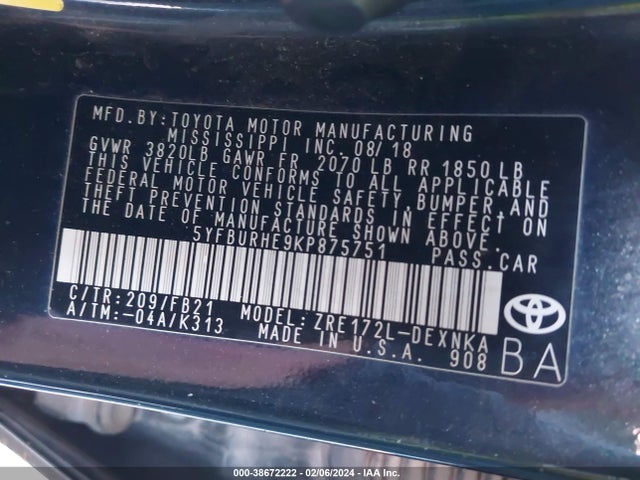 Toyota COROLLA LE 2019 5YFBURHE9KP875751 Image 9