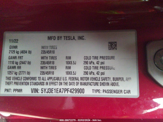 5YJ3E1EA7PF429900 Tesla Model 3 Rear-wheel Drive