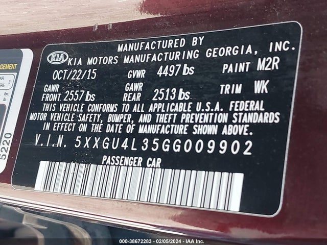 KIA OPTIMA EX 2016 5XXGU4L35GG009902 Image 9