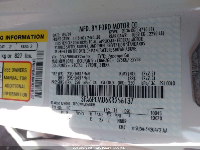 3FA6P0MU6KR256137 Ford Fusion Hybrid Sel