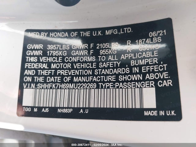 Honda CIVIC EX 2021 SHHFK7H69MU229269 Image 9