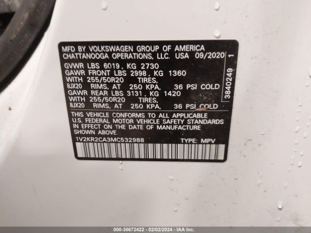 1V2KR2CA3MC532988 Volkswagen Atlas 3.6l V6 Se W/technology