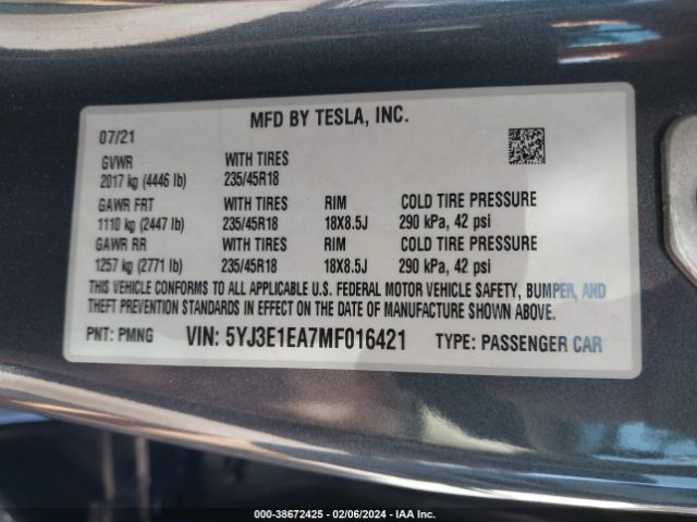 5YJ3E1EA7MF016421 Tesla Model 3 Standard Range Plus Rear-wheel Drive