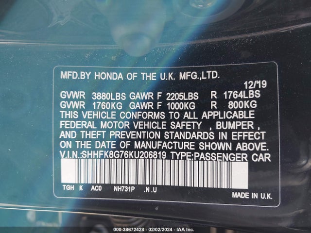 Honda Civic Type R Touring 2019 SHHFK8G76KU206819 Image 9