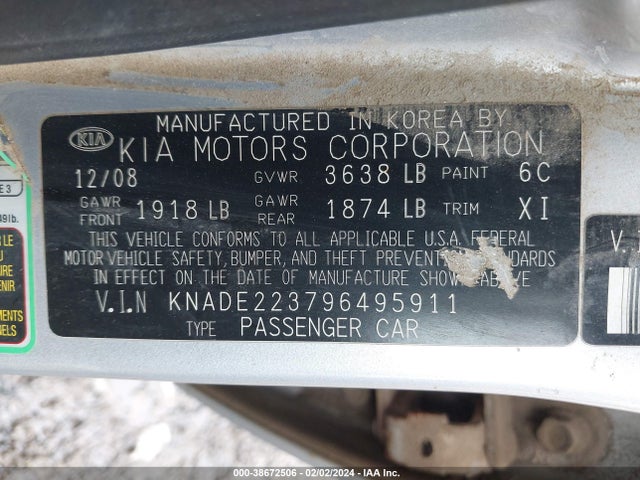 2009 KIA RIO LX VIN: KNADE223796495911