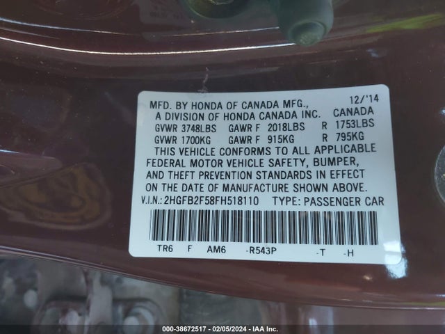 Honda Civic Lx 2015 2HGFB2F58FH518110 Image 9