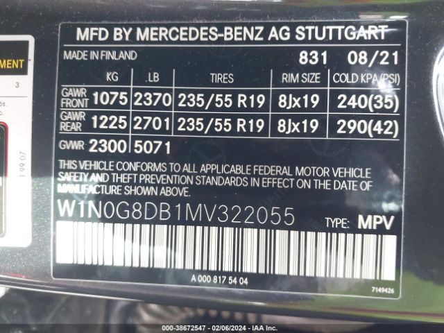 W1N0G8DB1MV322055 Mercedes-Benz Glc 300 Suv