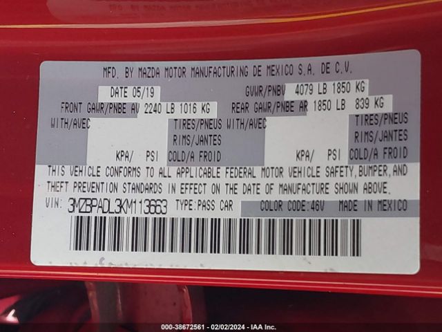 2019 MAZDA MAZDA3 3MZBPADL3KM113663 Photo 8
